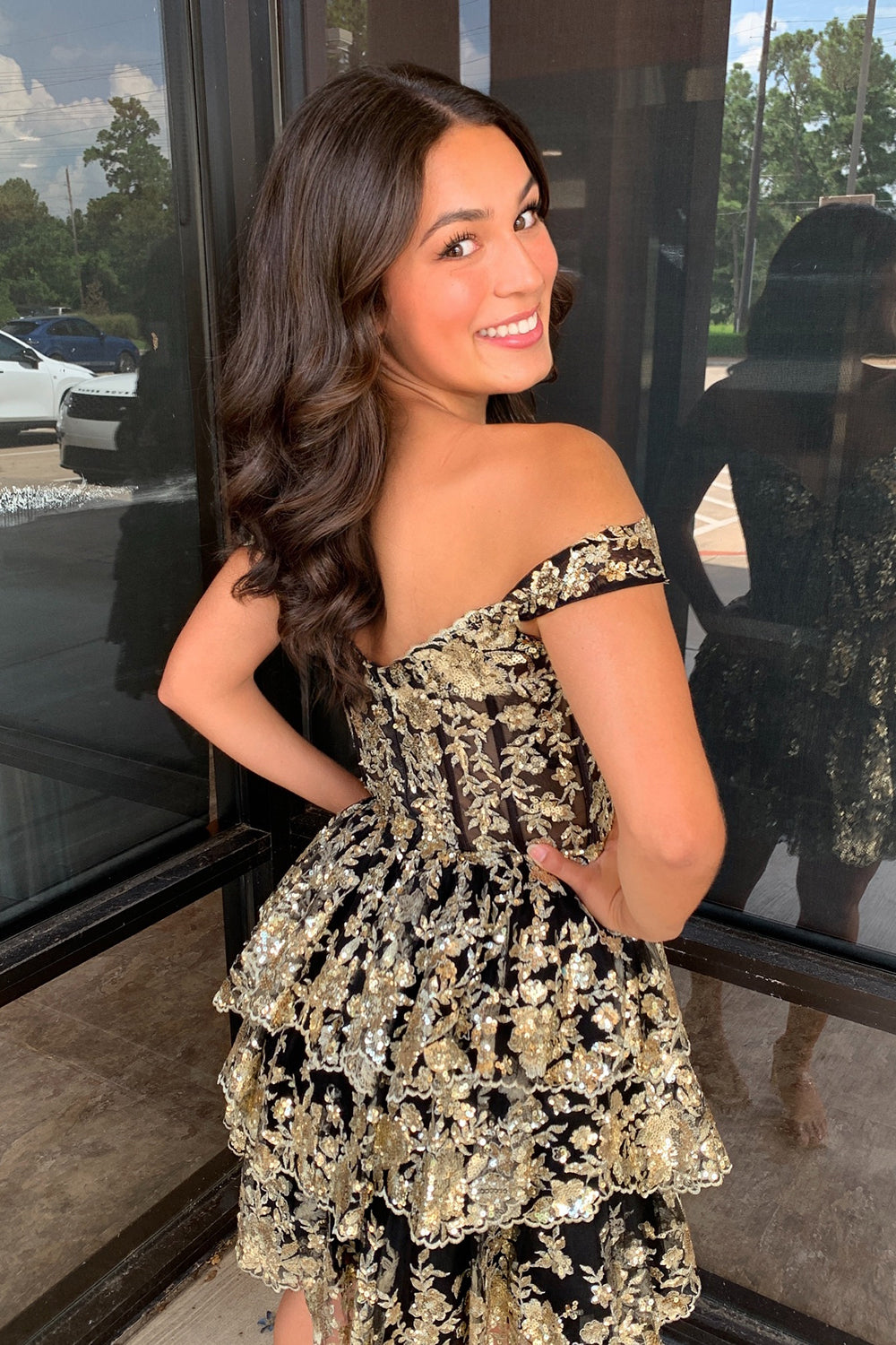 Sparkly Burgundy Off the Shoulder Tiered A-Line Short Sequin Homecoming Dress