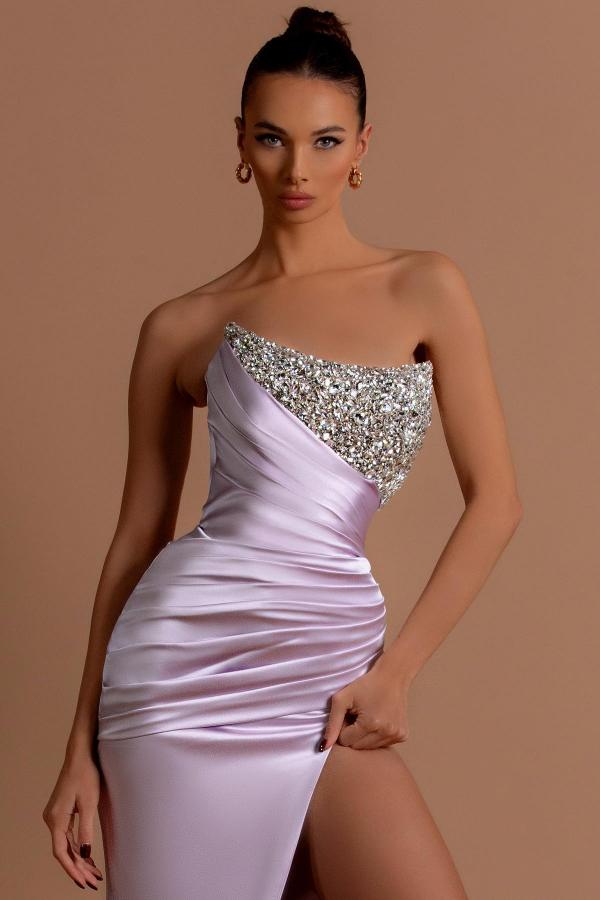 Long Mermaid Satin Strapless Split Front Prom Dress with Beads