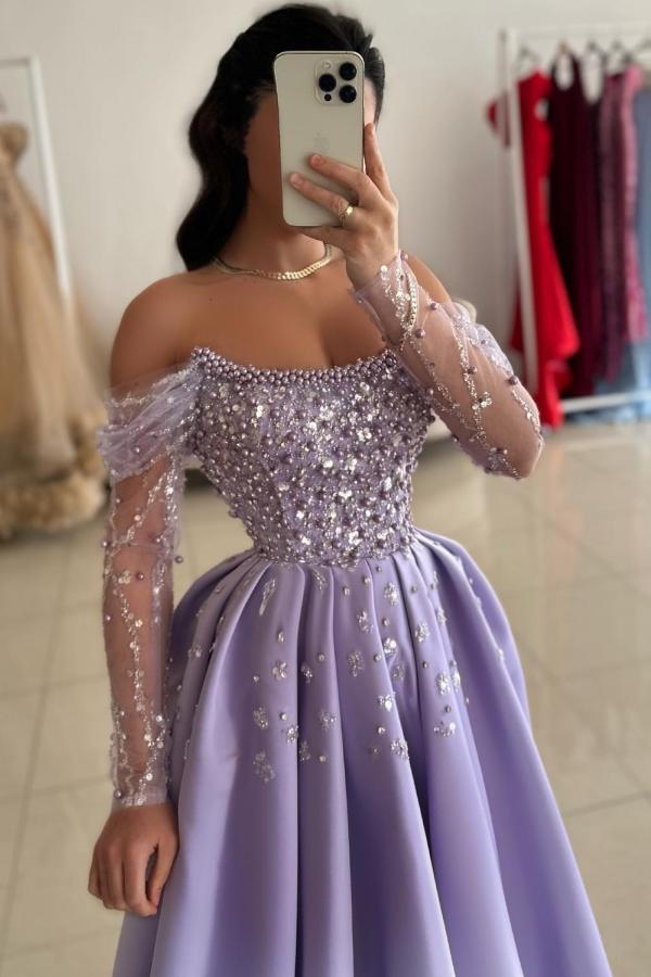Off The Shoulder Long Sleeve A-Line Satin Prom Dress with Beads