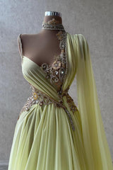 Long A-line One Shoulder Sweetheart Chiffon Beading Prom Dresses with Cape