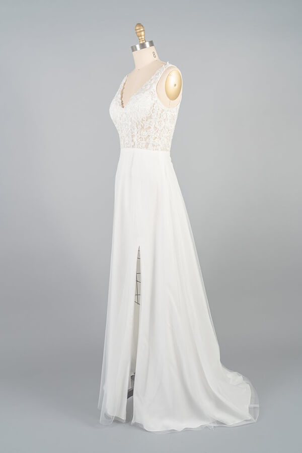 Long V-neck Appliques Lace Tulle A-line Wedding Dress with Slit