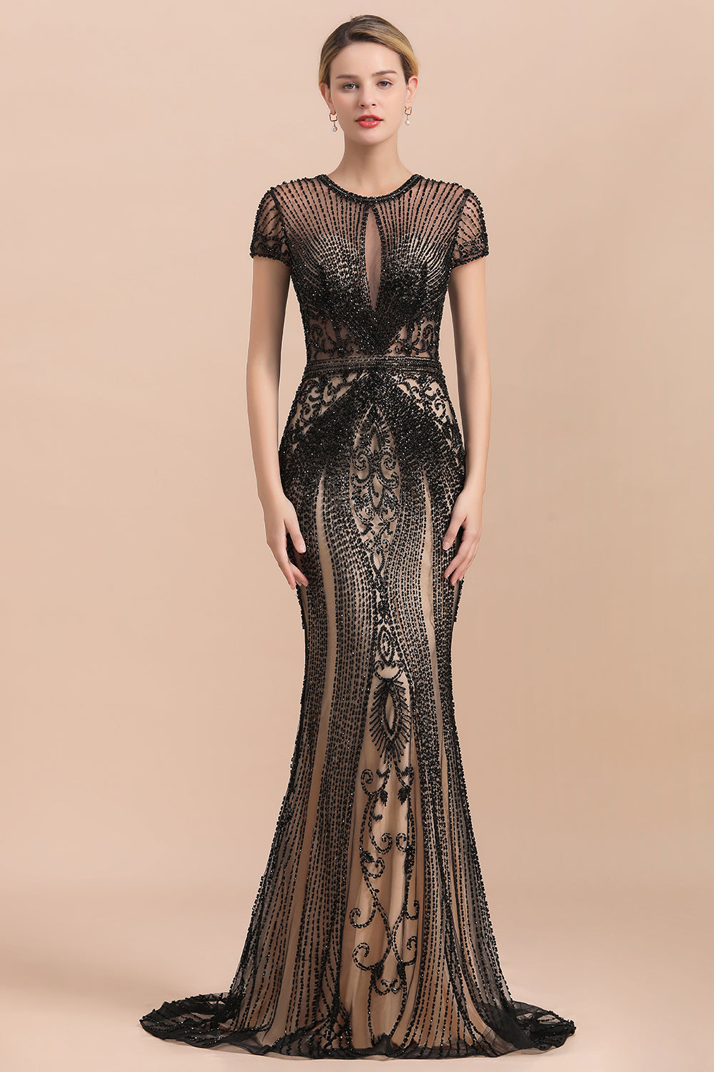 Luxury Black Long Mermaid Tulle Beaded Formal Evening Dresses