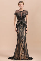 Luxury Black Long Mermaid Tulle Beaded Formal Evening Dresses