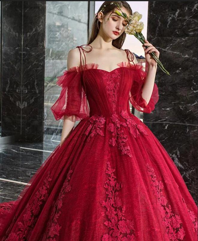 Gorgeous Off the Shoulder Spaghetti Straps Appliques Lace Prom Dress with Sleeves