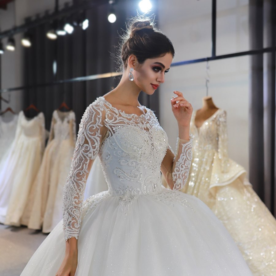 Gorgeous Long Ball Gown Bateau Long Sleeve Appliques Lace Sequins Floor Length Wedding Dress