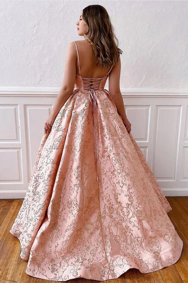 A-line V-neck Spaghetti Straps Backless Floor Length Ruffles Satin Prom Dress