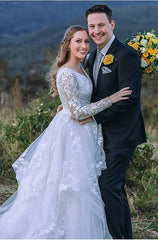 Modest Long A-line V-neck Tulle Lace Wedding Dresses with Sleeves