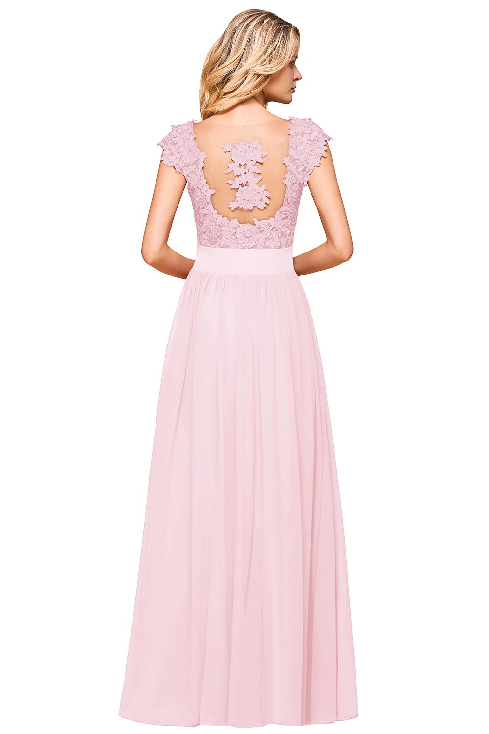 Dusty Blue Long A-line Cap sleeves Lace Bridesmaid Dresses with Appliques