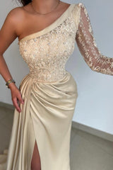 Gorgeous Long Mermaid Asymmetrical Front Slit Prom Dress with Sleeve