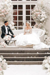 Gorgeous White Long Ball Gown Sweetheart Tulle Lace Beading Wedding Dress with Sleeves