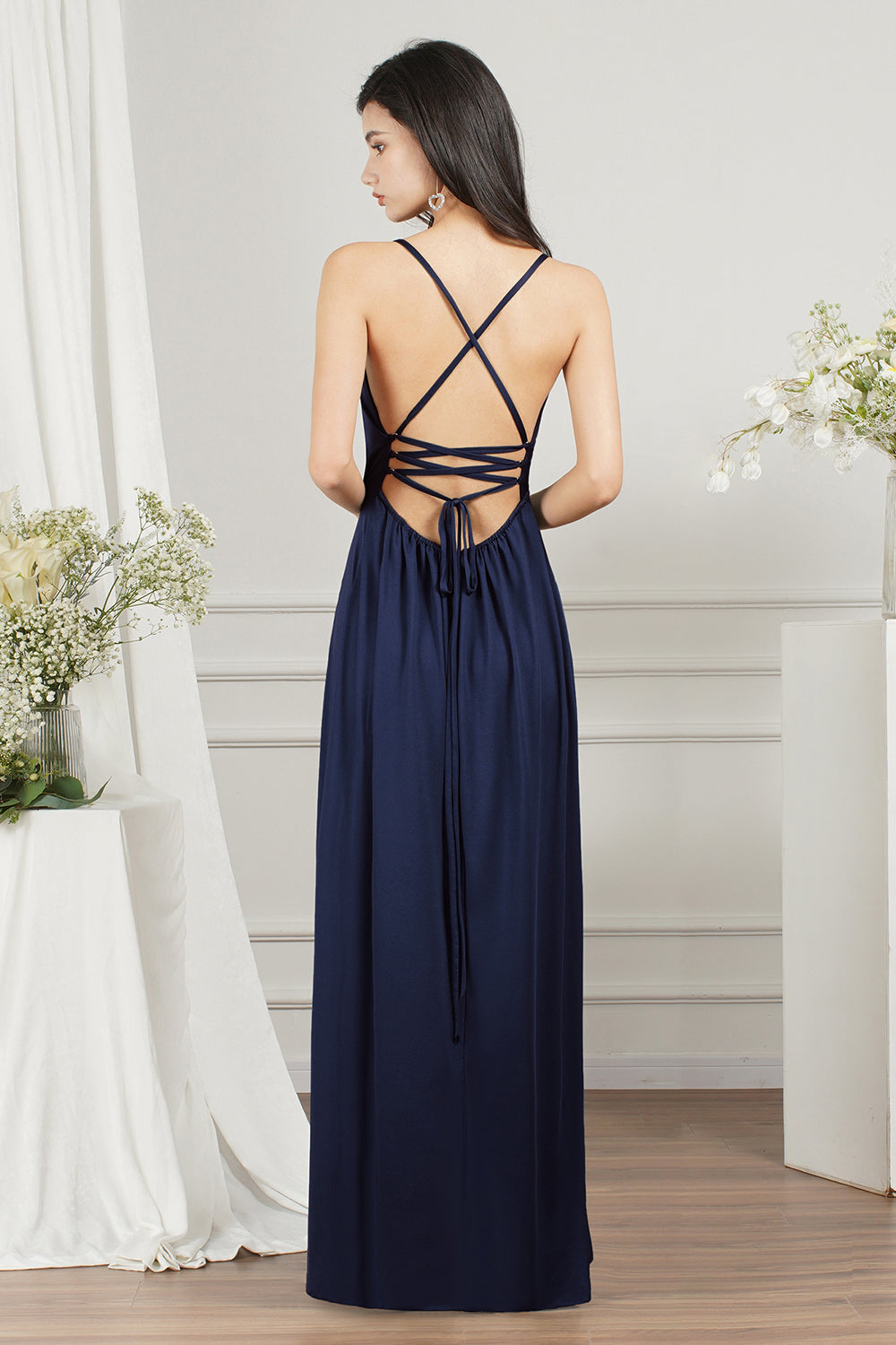 Simple A-line V-neck Backless Floor Length Formal Dress With Split