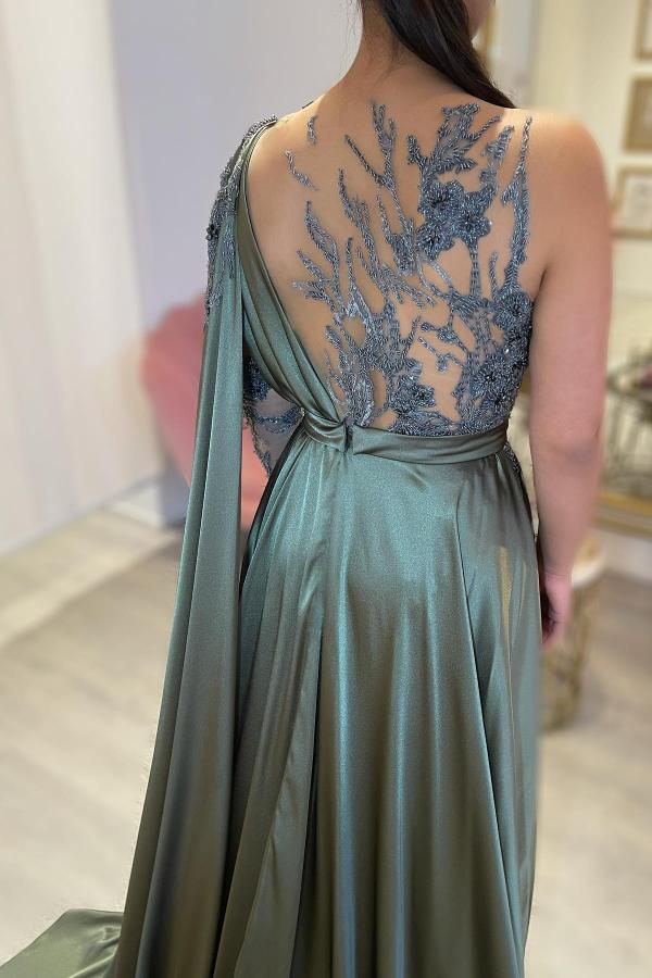 Elegant Long A-line One Shoulder Satin Lace Formal Dresses with Sleeves