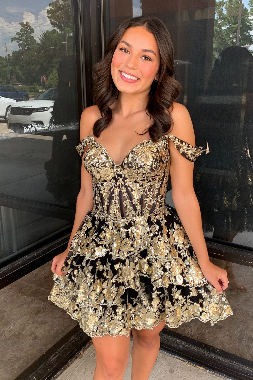 Sparkly Burgundy Off the Shoulder Tiered A-Line Short Sequin Homecoming Dress