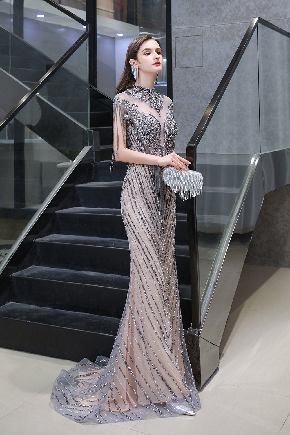 Mermaid High Neck Cap sleeves Sparkle Beads Long Evening Dresses