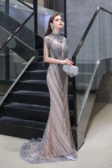 Mermaid High Neck Cap sleeves Sparkle Beads Long Evening Dresses