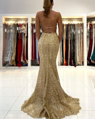 Elegant Long Spaghetti Straps Backless Appliques Lace Ruffles Mermaid Prom Dress