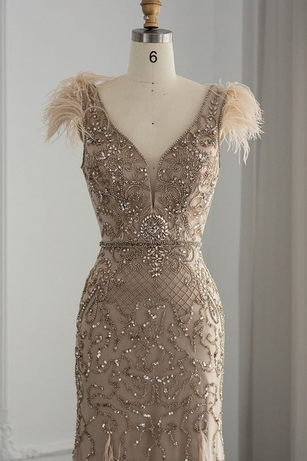 Gorgeous Long Mermaid V-Neck Beading Formal Prom Dresses with Feather