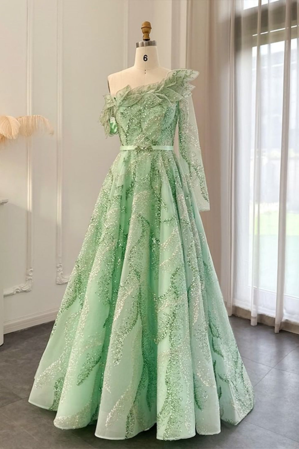 Luxury Long A-line One Shoulder Shiny Sequins Formal Prom Dress with Sash