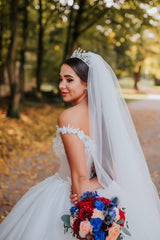 Chic Long Off the Shoulder Sleeveless V-neck Ball Gown Wedding Dress with Appliques