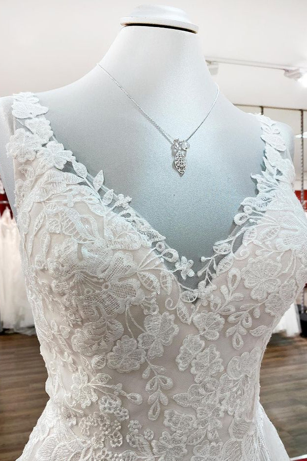 Elegant Long A-line Tulle V Neck Lace Ruffles Open Back Wedding Dresses