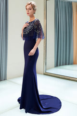 Red Long Jewel Satin Mermaid Formal Evening Dresses