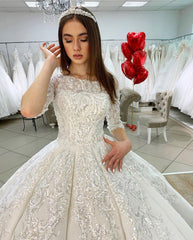 Gorgeous Bateau Long Sleeve Appliques Lace Floor Length Satin Ball Gown Wedding Dresses