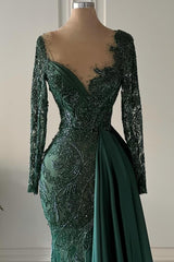 Elegant Dark Green Mermaid V-Neck Satin Lace Long Prom Dresses with Sleeves