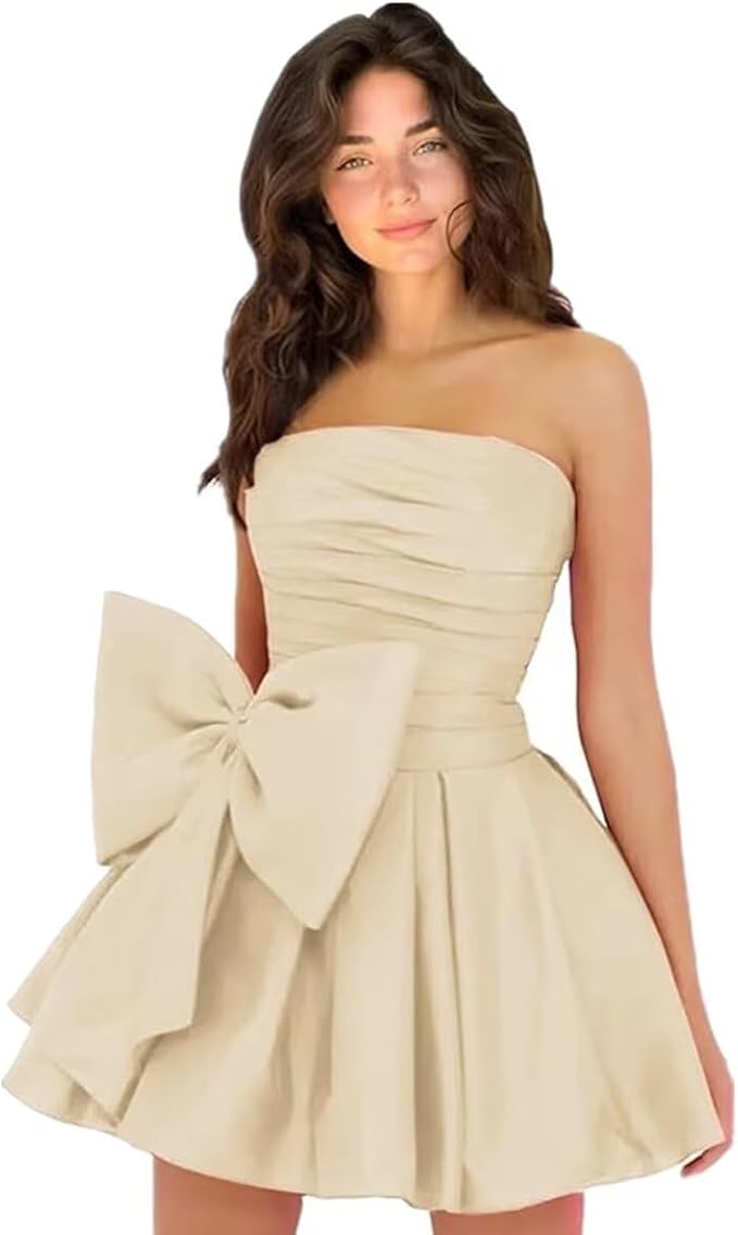 Simple Short A-line Strapless Sleeveless Ruffle Satin Homecoming Dress