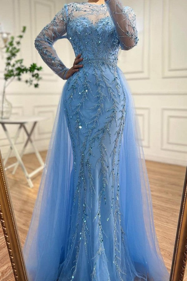 Long Mermaid Jewel Neck Tulle Appliques Floor Length Prom Dress with Sleeves