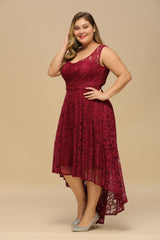 Chic Burgundy Floral Lace High Low Plus Size Formal Dress