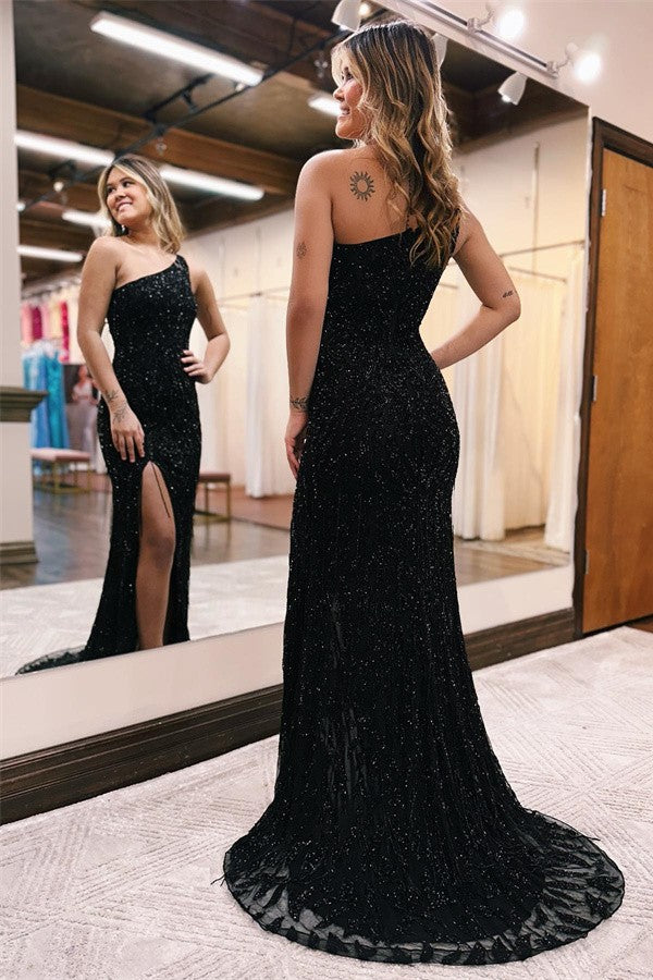 Elegant Black Long Mermaid One Shoulder Sequins Prom Dress with Slit