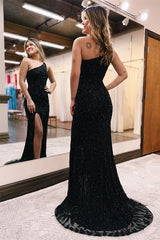 Elegant Black Long Mermaid One Shoulder Sequins Prom Dress with Slit