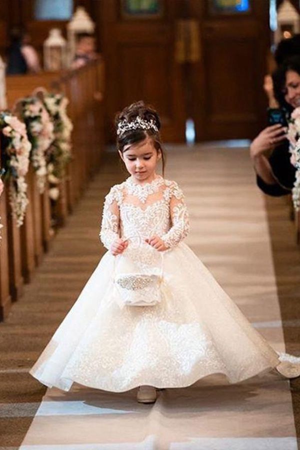 White Ball Gown Tulle Lace Flower Girl Dress With Long Sleeves