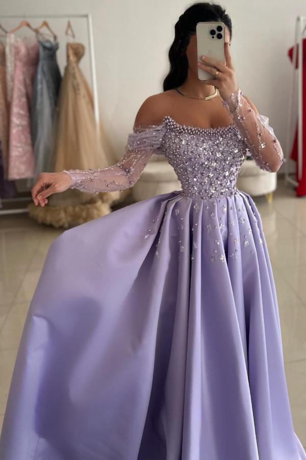 Off The Shoulder Long Sleeve A-Line Satin Prom Dress with Beads