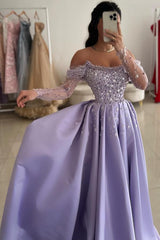 Off The Shoulder Long Sleeve A-Line Satin Prom Dress with Beads