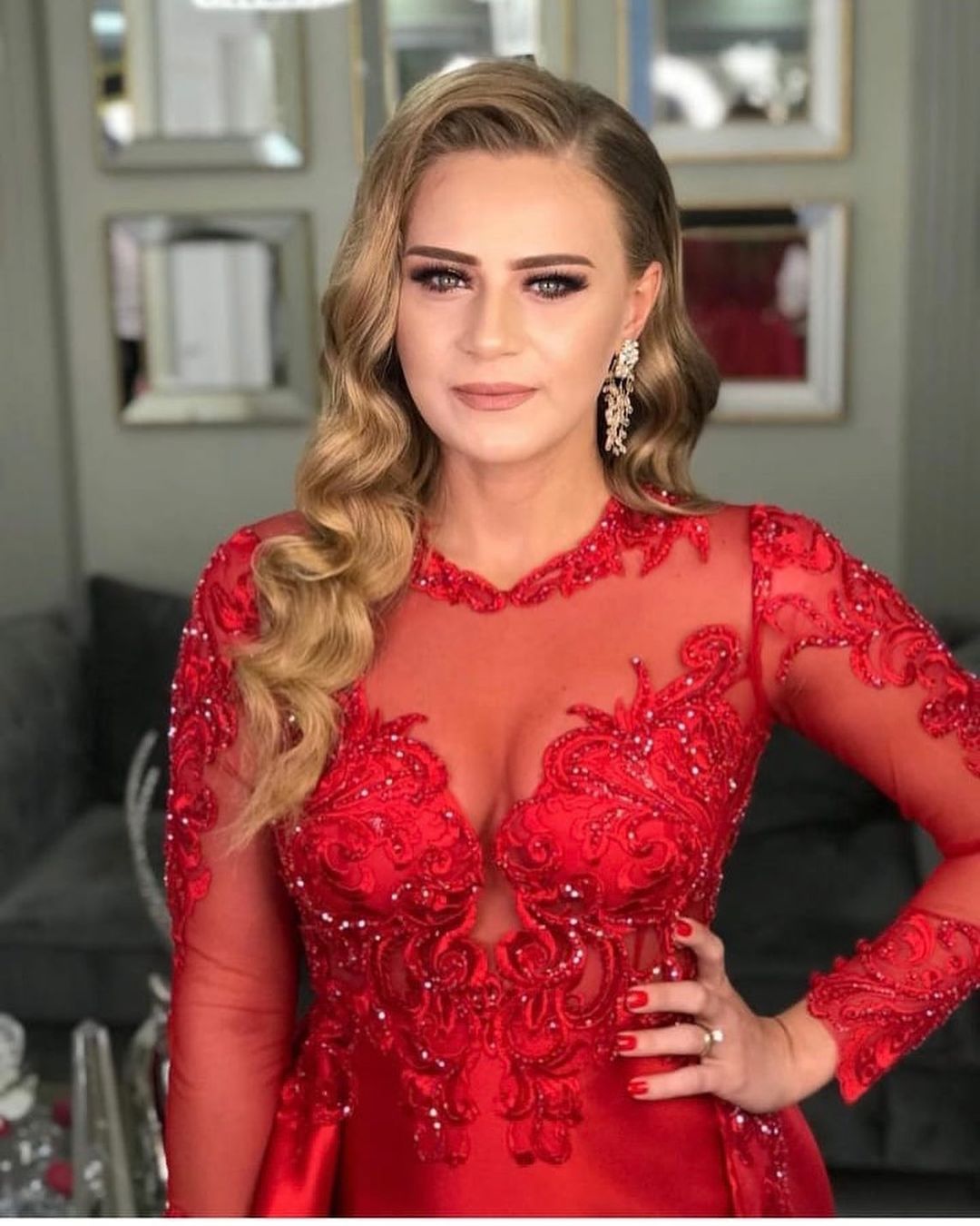 Red Mermaid Jewel Lace Appliques Long Sleeves Formal Dress with Slit