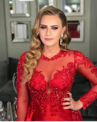 Red Mermaid Jewel Lace Appliques Long Sleeves Formal Dress with Slit
