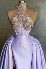 Mermaid Long High Neck Split Front Floor Length Prom Dress with Beads