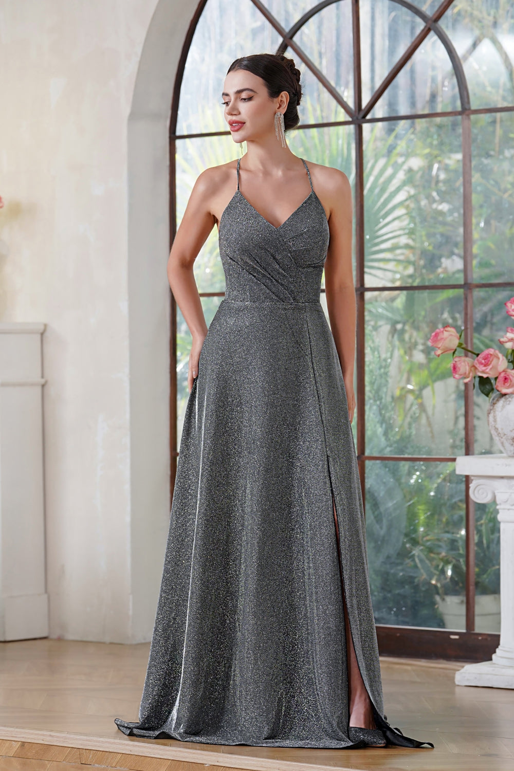 Glitter Long A-line V-neck Halter Front Slit Backless Prom Dresses with Pocket