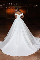 Elegant White A-line V-Neck Off the Shoulder Satin Long Wedding Dresses