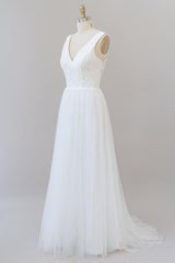 Long Open Back V-neck Lace Tulle A-line Wedding Dress
