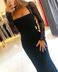 Black Square Neckline Long Sleeve Appliques Lace Backless Mermaid Prom Dress