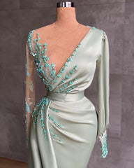 V-neck Long Sleeve Floor Length Ruffles Mermaid Prom Dress