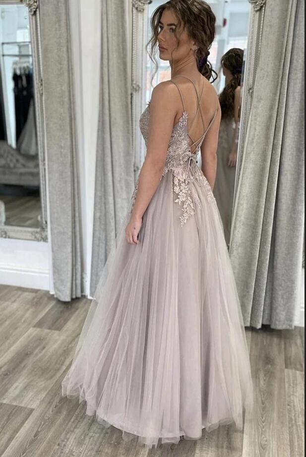 Elegant Long A-line Tulle Lace Open Back Prom Dress