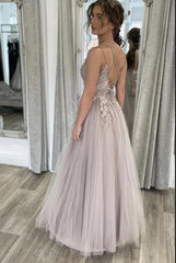 Elegant Long A-line Tulle Lace Open Back Prom Dress
