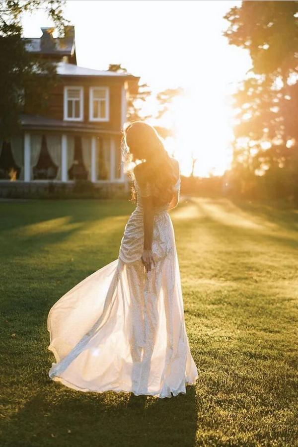 Simple Long Mermaid Off the Shoulder Sequined Wedding Dress with Slit