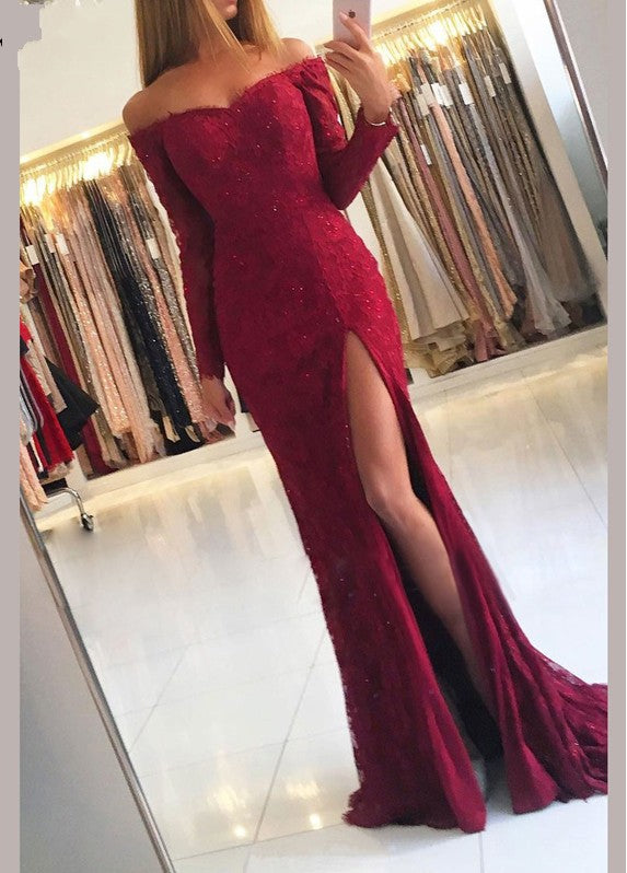 Long Sleeves Lace Off the Shoulder Mermaid Floor Length Prom Dress With Side Slit
