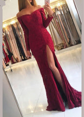Long Sleeves Lace Off the Shoulder Mermaid Floor Length Prom Dress With Side Slit