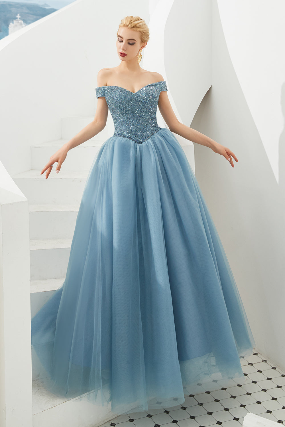 Long A-line Off the Shoulder Tulle Sequin Formal Dresses