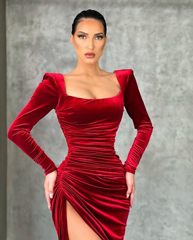 Burgundy Long Sleeves Mermaid Square Neck Velvet Formal Evening Dresses with High Split